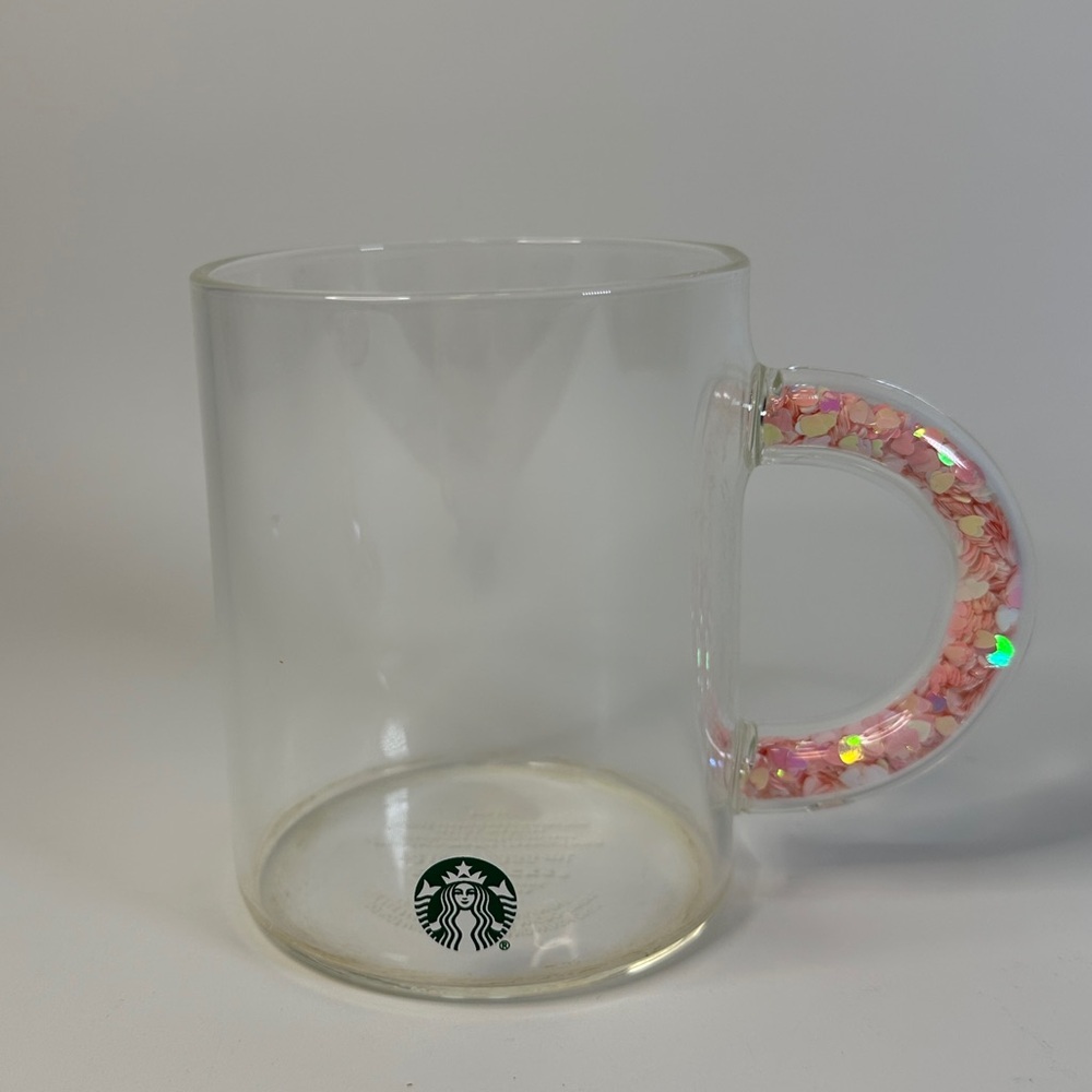 Starbucks Clear Mug with Pink Iridescent Heart Confetti‎ Valentine’s Day